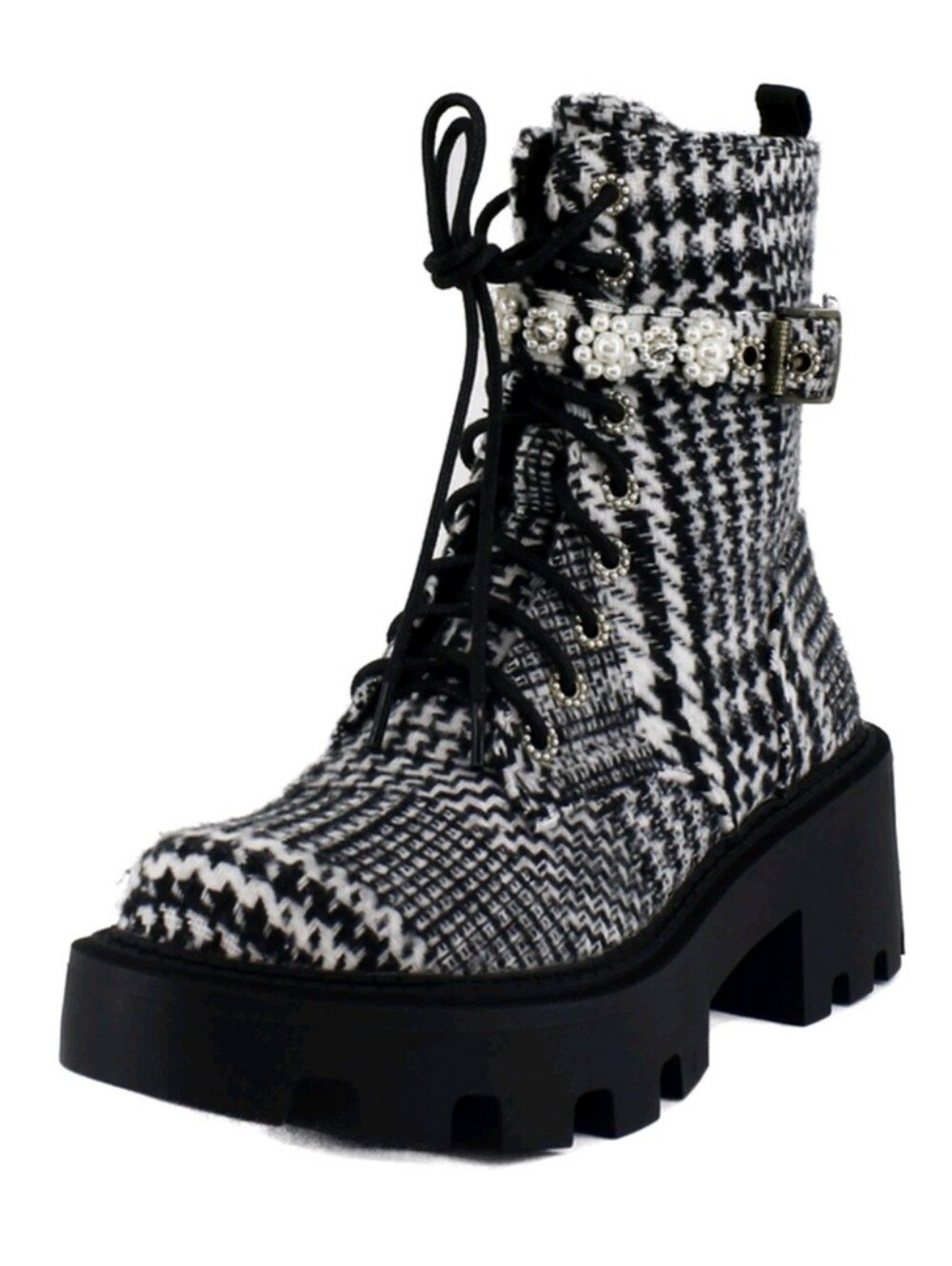 Betsey Johnson Black & White Houndstooth Pearl-Embellished Lace-Up Boot - Picture 13 of 13